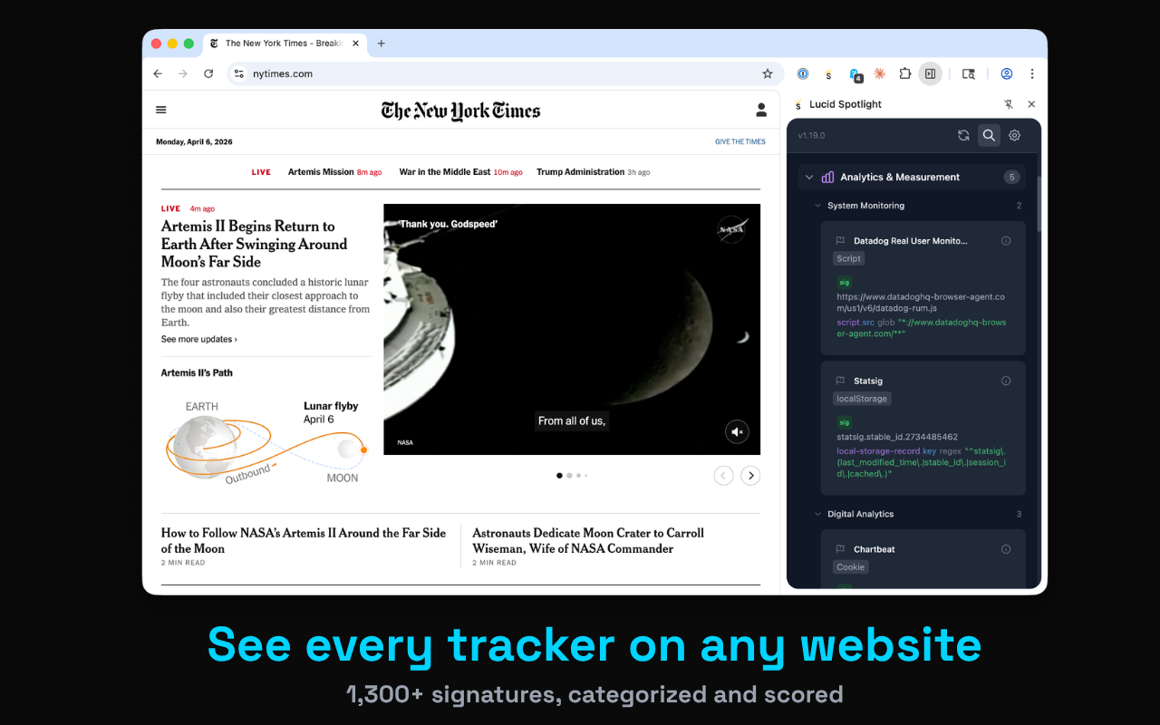 Lucid Spotlight detecting trackers on The New York Times